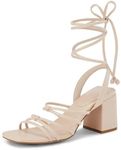 Coutgo Women's Strappy Chunky Heels Sandals Lace Up Block Heel Square Open Toe Dress Shoes, Apricot, Size 7.5