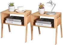 Vdomus Bamboo Stackable Nightstand Set of 2-16 inches Natural Wood Matching Side Table - Wooden Bedside Tables - Minimalist Low End Table Furniture for Living Room or Bedroom