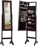 Giantex Jewelry Armoire w/Standing Full-Length Mirror, Large Storage Mirrored Jewelry Cabinet w/LED Lights Around the Door, Freestanding Cosmetic Storage Organizer with 16 Lipstick Holder (Brown)