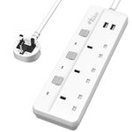 Hulker Extension Lead with USB, 3 Way 2 USB Power Strip, Multi Plug Extension Socket with Individual Switches, UK Plug with Fuse 13A Extension cord 3250W with Shutter