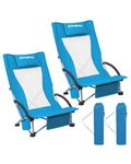 KingCamp 2-Pack High Low Seat Foldable Portable Lightweight Oversize Beach Chair for Adults with Full Back, Pillow, Cup Holder for Outdoor Sand Camping Lawn Concert Travel Festival, HighBack_Blue_2