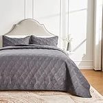 beeweed Quilt Set King Size 3 Pieces, Lightweight Microfiber Diamond Pattern Bedspreads for All Season, Grey Soft Summer Coverlet Set with Ultrasonic Quilting Technology (1 Quilt, 2 Pillow Shams)