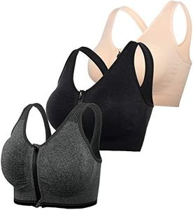 Women's Zip Front Sports Bra Wireless Post-Surgery Bra Active Yoga Sports Bras, 1# 3 Pack(Black+Beige+Grey), Large