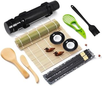 Kirosaku Sushi Making Kit for Two, Set of 14pcs - Knife, Sushi Roller Bamboo Mats, Rice Bazooka, Chopsticks, Holder, Dipping Plate, Slicers, Nigiri Maker, Rice Paddles, and Brush - 4.2"x11.8"x3.9"