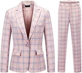 Womens 2 Piece Plaid Suits Set Business Office One Button Blazer Jacket Casual Long Sleeve Pant Suit Set, Pink, Large