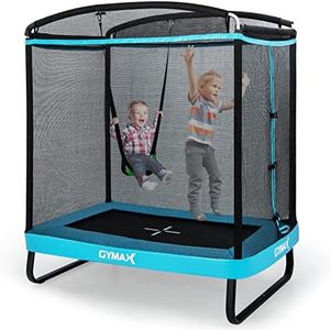 GYMAX 6 FT Kids Trampoline, Rectangle Trampoline with Enclosure Net, Swing and Spring Cover, Indoor Outdoor Combo Bounce Trampoline for Boys & Girls (Blue)