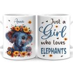 Hyturtle Personalized Cute Elephant Coffee Mug Gift for Elephant Lover - Just A Girl Who Loves Elephants - Elephant Gift for Women - Animal Lover Gift - Custom Name Coffee Cup Ceramic Mug 11oz - 15oz