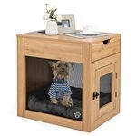 COSTWAY Wooden Dog Crate, Furniture Style Puppy Cage End Table with Wireless Charger, Drawer, Lockable Door and Soft Cushion, Indoor Pet Kennel for Small Dogs, 63 x 49 x 62cm (Natural)