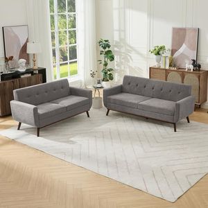 Kingfun Living Room Furniture Sets, Loveseat & Standard, Mid Century Modern Decor Sofa Couches, Button Tufted Upholstered Furniture, Gray