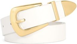 WHIPPY Women Leather Belt for Jeans Pants Dresses Fashion Ladies Western Leather Belt with Solid Gold Buckle M White