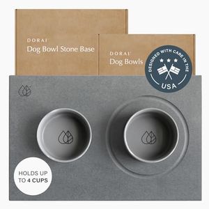 Dorai Home Ceramic Dog Bowls + Stone Drying Mat - Dog Food and Water Bowl Set with Non-Slip Base that Absorbs Spills and Drips - Made with Diatomaceous Earth for Quick Drying - 23.6" x 15.4" - Slate