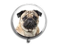 Pug Fawn Dog Gift. Pill Box with Black Velvet Gift Pouch. Unique Design, Shiny Silver-tone metal 2" diameter pill box for medication. A beautiful gift for many occasions