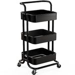 3 Tier Mesh Utility Cart, Rolling Metal Organization Cart with Handle and Lockable Wheels, Multifunctional Storage Shelves for Kitchen Living Room Office by Pipishell, Black