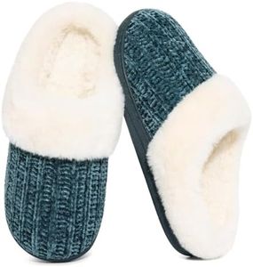 Evshine Women's Warm Chenille Knit House Slippers Comfy Memory Foam Winter Slippers with Faux Fur Collar and Indoor Outdoor Soles Green, 44-45 (Size 11-12)