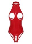 Kaerm Women's Shiny Faux Leather Cut Out Tank Bodysuit High Cut Teddy Catsuit for Club Party Red L