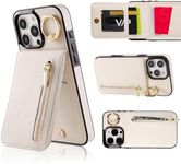 VENINGO iPhone 16 Pro Max Case with Card Holder, iPhone 16 Pro Max Wallet Case, Multifunctional Protective Leather PU Case with 360° Ring Stand Kickstand, Large Capacity Card Slot Phone Cover, White