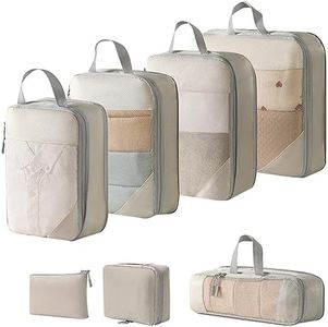 Compression Packing Cubes for Travel Suitcase Organizer Bags Set of 7 Travel Accessory Expandable Packing Organisers With Laundry Bag and Toiletry Bag (Beige)