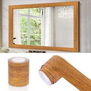 10M Brown Wooden Grain Mirror Border Peel and Stick Wallpaper, Self Adhesive Waterproof Wallpaper Mirror Frame Tape for Bathroom Decor, Peel and Stick Trim Removable Kitchen Wall Decor 3.93" x 393"