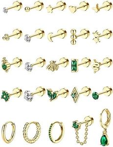 ADRAMATA Tiny Gold Flat Back Earrings for Cartilage Surgical Steel Stud Hoop Earrings Set for Multiple Piercing Cute Star Moon Snake Butterfly CZ Chain Dangle Emerald Green Earrings Helix Piercing Jewelry Hypoallergenic 20G Gold