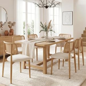 UVV Dining Chairs Set of 6, Metal Kitchen Chairs with Modern Fabric Upholstered for Dining Room, Beige Rattan
