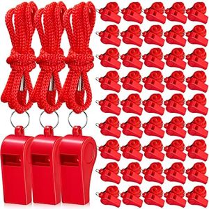 Flutesan 48 Pcs 24/48 Pack Plastic Whistles with Lanyard Sports Whistle Loud Crisp Sound Whistles Bulk for Coach Referees Training Emergency (Red)