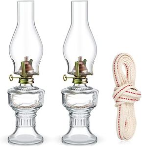 Yexiya 2 Pieces Rustic Oil Lamp Lantern Large Classic Kerosene Lamp Vintage Glass Kerosene Lamp Chamber Oil Lamps with 6.6 ft Extra Oil Lamp Wick for Indoor Use Home Decor Lighting (Classic)