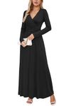 OUGES Womens Long Sleeve V-Neck Wrap Waist Maxi Dress(Black,L)