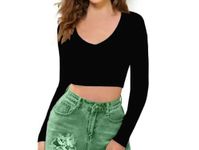 PUERY Basic Comfy Cotton Women's Stylish Full Sleeves Sexy V Neck Readymade Saree Black Blouse Women (3XL, Black)