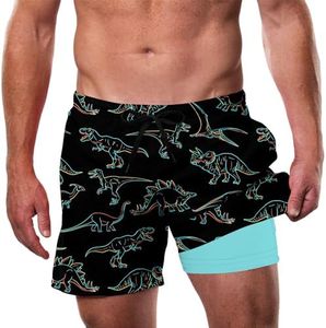 Cozople Mens 5.5 Inch Swimming Trunks with Compression Liner Swim Shorts Cute Dinosaur Printed Summer Quick Dry Board Shorts L