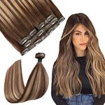 SURNEL Seamless Clip in Hair Extensions Human Hair Chocolate Brown to Caramel Blonde Balayage Clip in Hair Extensions 14 inch 4pcs 11 Clips 90g Clip in Hair Extensions(#4/27/4-14'')