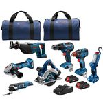 Bosch GXL18V-701B25 18V 7-Tool Combo Kit with 2-in-1 Bit/Socket Impact Driver, Hammer Drill/Driver, Recip Saw, Circular Saw, Oscillating Tool, Angle Grinder, Worklight & (2) CORE18V 4.0 Ah Batteries