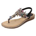 iCKER Women's Flat Sandals Ladies Thong Flat Sandals Bohemian Beaded Strap Sandals Diamante Rhinestone Leather Sandals,(label size 38),4UK