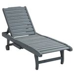 Outsunny Wooden Outdoor Lounge Chair, Adjustable Patio Outdoor Chaise Recliner Garden Furniture, Tanning Chair with Pull-out Tray and 2 Wheels, Grey