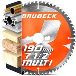 BAUBECK Circular Saw Blade 190mm x 30mm / 1" / 20 / 16mm for fine finish in Wood, Metal etc. - TCT 190 mm saw blade x 80T - Compatible with Dewalt 54v, Evolution, Makita Freud 190mm saw blade