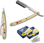 Classic Samurai Stainless Steel Professional Barber Folding Straight Edge Razor Shavette Men's Shaving Kit with 200 Count Lord Single Edge Razor Blades (Cream)