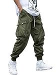 OYOANGLE Men's Casual Drawstring Elastic Waist Flap Pocket Letter Graphic Street Jogger Cargo Pants Army Green M