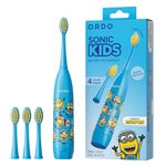 ORDO x Minions Sonic Kids Battery Toothbrush | Kids Electric Toothbrush Ages 4+ | 18,000 Sonic Pulses, Soft Bristles, 4 Replaceable Brush Heads, 60-Day Battery Life | Children's Toothbrush (Blue)