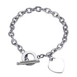 Wang Gao Elegent Love Stainless Steel Link Chain Blank Heart Charms Bracelet for Women Toggle Clasp Closure,Silver