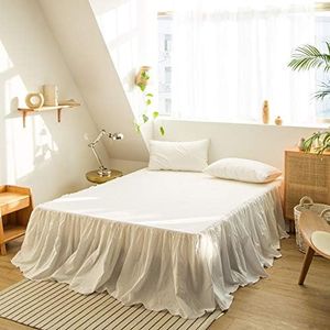 BISELINA French Linen Bed Skirt with Pleated Frills 18-Inch Tailored Drop Natural Flax Cotton Blend Dust Ruffle Soft Cozy Farmhouse Bedding (18" Full, Ruffle White)