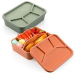 Baderke 2 Pcs Leak Proof Silicone Bento Box Lunchbox with 4 Compartments Reusable Lunch Containers Bento Box for Kids Adults Microwave Dishwasher Freezer, Terracotta and Sage