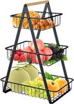 Evereden 3-Tier Fruit Basket, Portable Fruit Bowl with Detachable Metal Holder, Fruit Holder with Wooden Handle for Storage Fruits Vegetable Bread Snacks, White (Black)