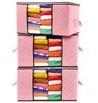 Stackzy Large Clothes Storage Bags – Sturdy Fabric Closet Organiser – Foldable Storage Solution for Closet or Underbed – Storage Bin with Reinforced Handles – 3pcs, Pink 90L Capacity