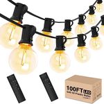 Yuucio Outdoor String Lights Dimmable 100FT, 30M LED Festoon Lights with Remote Control Mains Powered with 52 Shatterproof G40 Plastic Bulbs, Waterproof Garden Light(2x50FT)