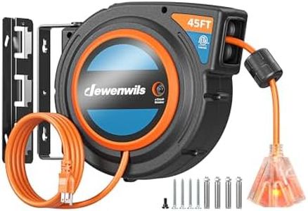 DEWENWILS 45FT Retractable Extension Cord Reel, 14/3C SJTW Heavy Duty Power Cord, Lighted Triple Outlets, 15A Circuit Breaker, Lightweight 180° Swivel Bracket, Ceiling/Wall Mount, ETL Listed, Orange