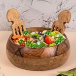 Dreamy Walls Wood Salad Bowl with 2 Hands - Fruits Mixing Utensils & Claws - Premium Handcrafted Mango Wood Bowls and Spoons Included - Perfect Gifts