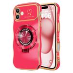 NITITOP Compatible with iPhone 16 Plus Case Magnetic Ring Stand [Compatible with MagSafe] Cute for Women Girl Plating Wave Curly Love Heart Camera Protection Girly Luxury Phone Cover - Rose Red