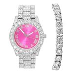 Charles Raymond Women's Big Rocks Bezel Colored Dial with Roman Numerals Fully Iced Out Watch - ST10327LA, ST10327TLA Silver-Hot Pink, 7.5 inches, ST10327LA (ST10327TLA Silver-Hot Pink)