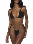 LUNNTE Women's Bikini Set Thong Bikini Swimsuit Push Up with Triangle Cup Spaghetti Two Piece Swimwear, black, S, (LW21)