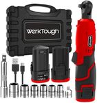 werktough Power Cordless Ratchet Wrench 3/8" Tool Kit with 2 Pack Li-ion Batteries with 6 Sockets, Extension Bar and 1 Type C USB Cable Red