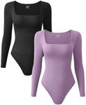 OQQ Women's 2 Piece Bodysuits Sexy Ribbed One Piece Square Neck Long Sleeve Tops Black Taro purple